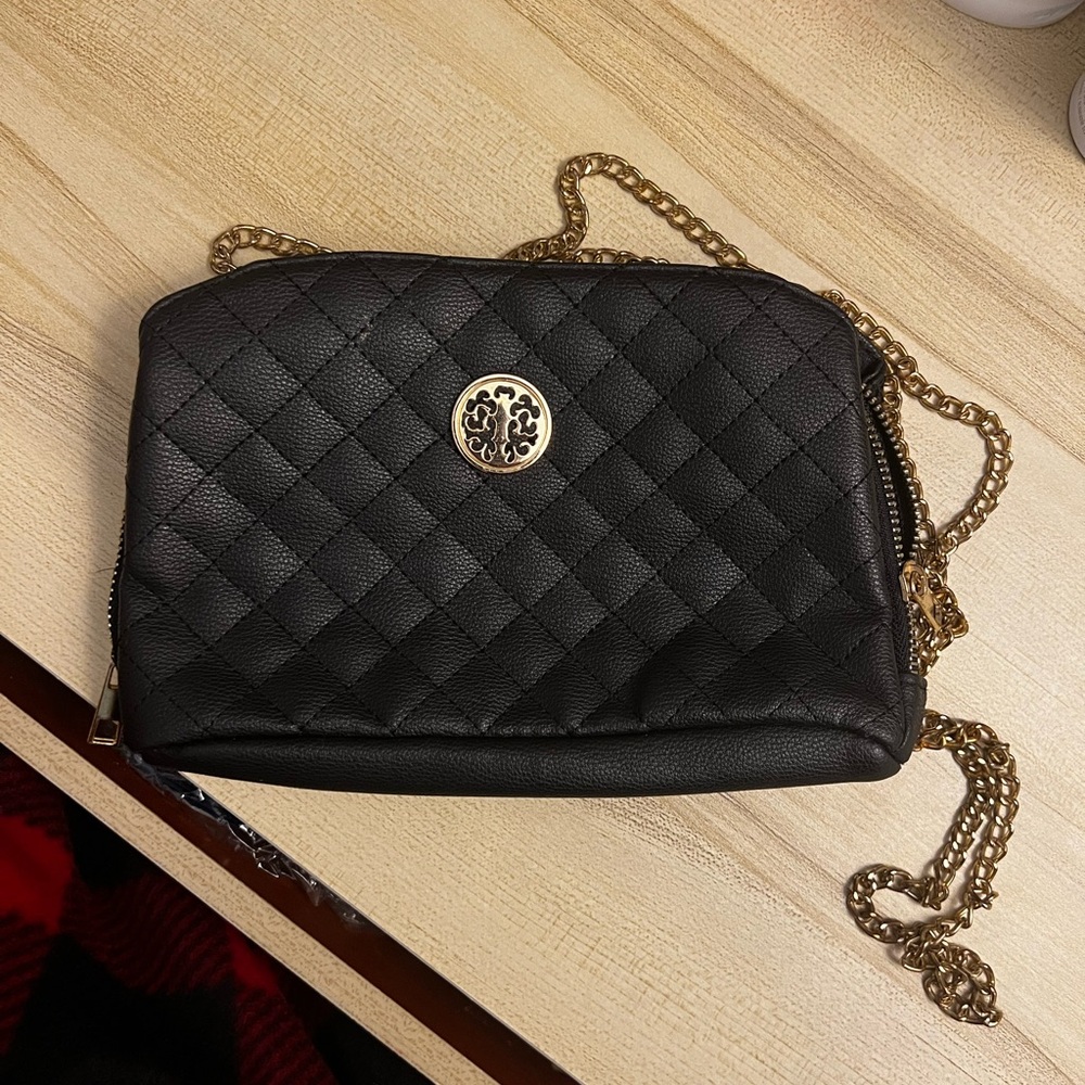Black Quilted Crossbody Bag with Gold Chain